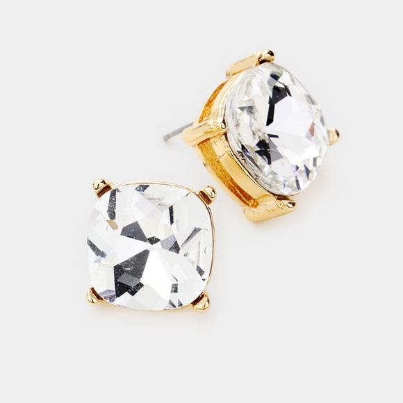Gold Crystal Square Stud Fashion Jewelry Earrings Trendy Statement Accessories - Picture 1 of 2